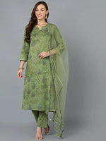 Green Cotton Blend Floral Printed Straight Suit