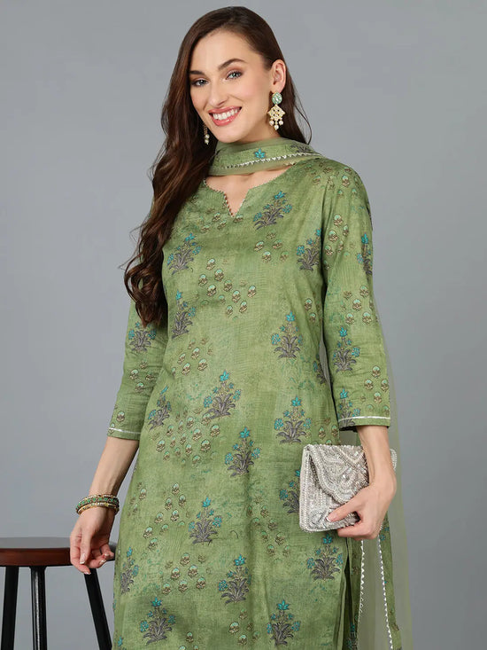 Green Cotton Blend Floral Printed Straight Suit