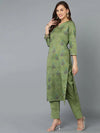 Green Cotton Blend Floral Printed Straight Suit