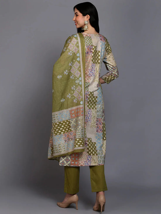 Cotton Green Printed Straight Kurta Pant With-VKSKD1855_XS