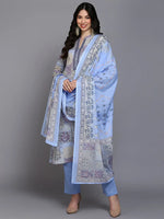 Cotton Maya Blue Printed Straight Kurta Pant