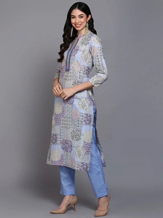 Cotton Maya Blue Printed Straight Kurta Pant