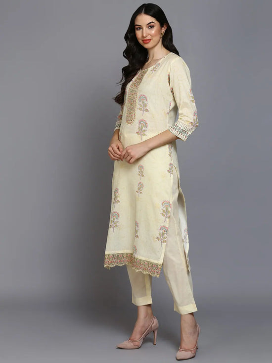 Cotton Blend Lemon Yellow Printed Straight Kurta