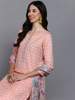 Cotton Peach Printed Straight Kurta Pant With-VKSKD1907_XS