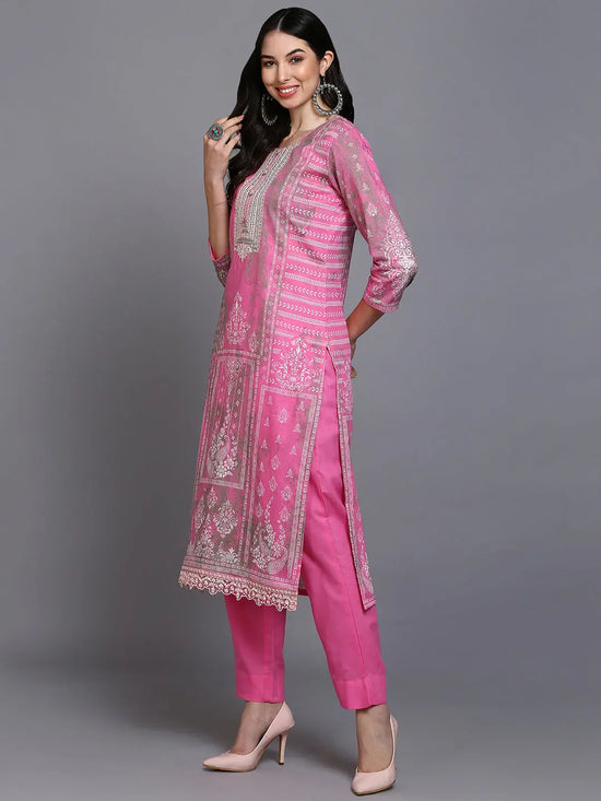 Cotton Pink Printed Straight Kurta Pant With-VKSKD1918_XS