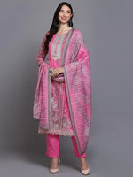 Cotton Pink Printed Straight Kurta Pant With-VKSKD1918_XS