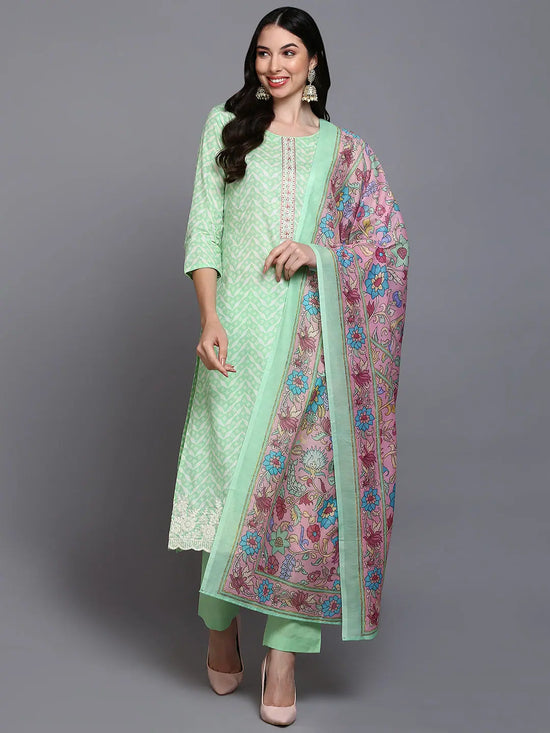 Cotton Green Printed Straight Kurta Pant With-VKSKD1912_XS