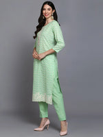 Cotton Green Printed Straight Kurta Pant With-VKSKD1912_XS