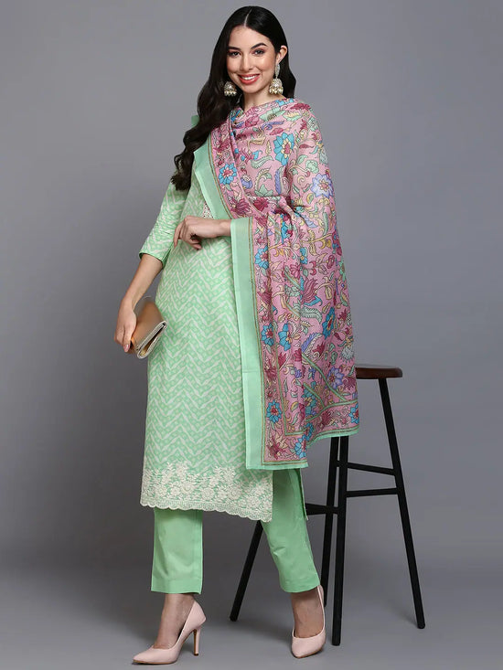 Cotton Green Printed Straight Kurta Pant With-VKSKD1912_XS