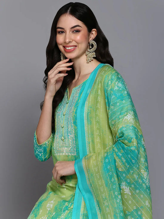 Cotton Green Printed Straight Kurta Pant With-VKSKD1915_XS