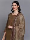 Cotton Khaki Embroidered Straight Kurta Pant With