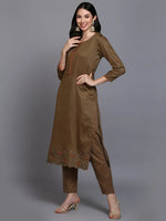 Cotton Khaki Embroidered Straight Kurta Pant With