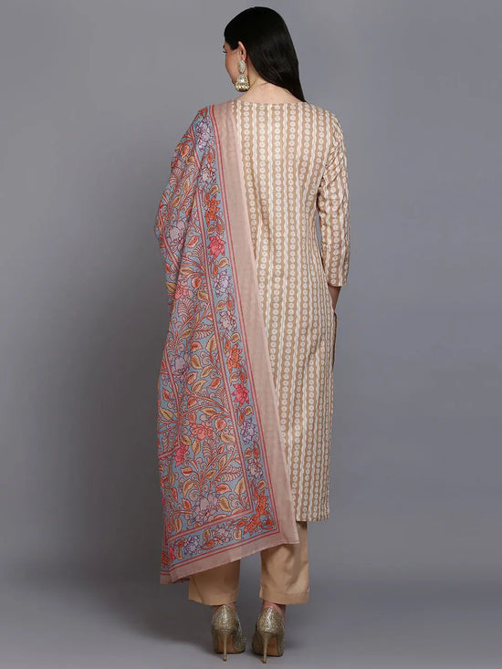 Cotton Beige Printed Straight Kurta Pant With-VKSKD1909_XS