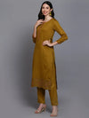 Cotton Olive Embroidered Straight Kurta Pant With