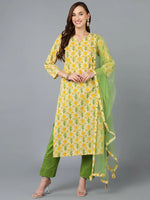 Yellow Green Cotton Blend Floral Printed Straight