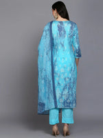 Cotton Blue Printed Straight Kurta Pant With-VKSKD1923_XS