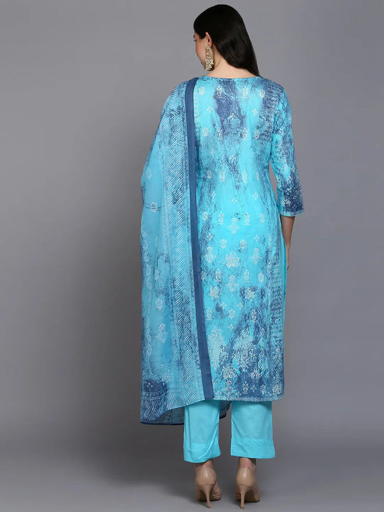 Cotton Blue Printed Straight Kurta Pant With-VKSKD1923_XS