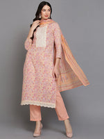 Cotton Blend Peach Printed Straight Kurta Pant-VKSKD1903_XS