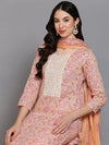 Cotton Blend Peach Printed Straight Kurta Pant-VKSKD1903_XS