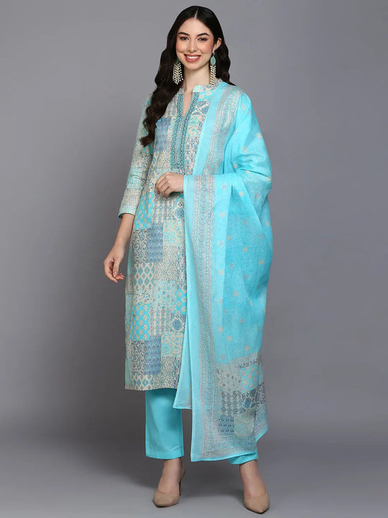 Cotton Blue Printed Straight Kurta Pant With-VKSKD1858_XS