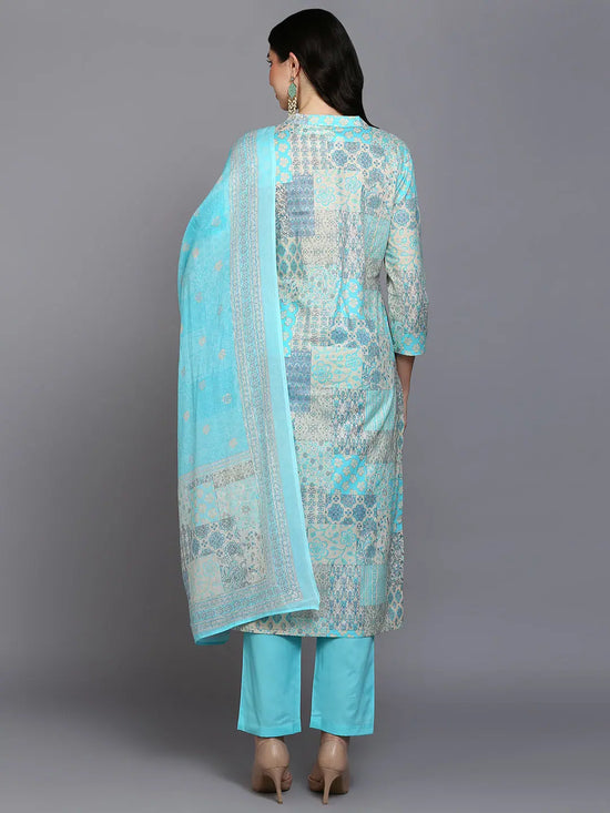 Cotton Blue Printed Straight Kurta Pant With-VKSKD1858_XS