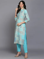 Cotton Blue Printed Straight Kurta Pant With-VKSKD1858_XS