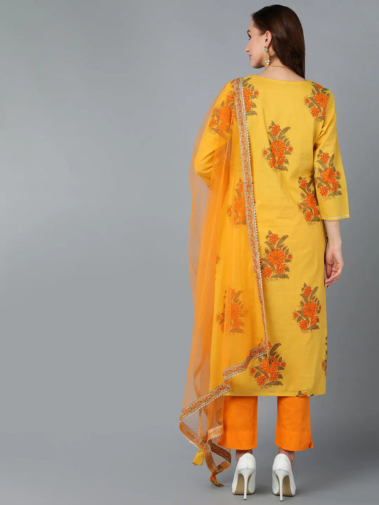 Mustard Orange Cotton Blend Floral Printed Straight