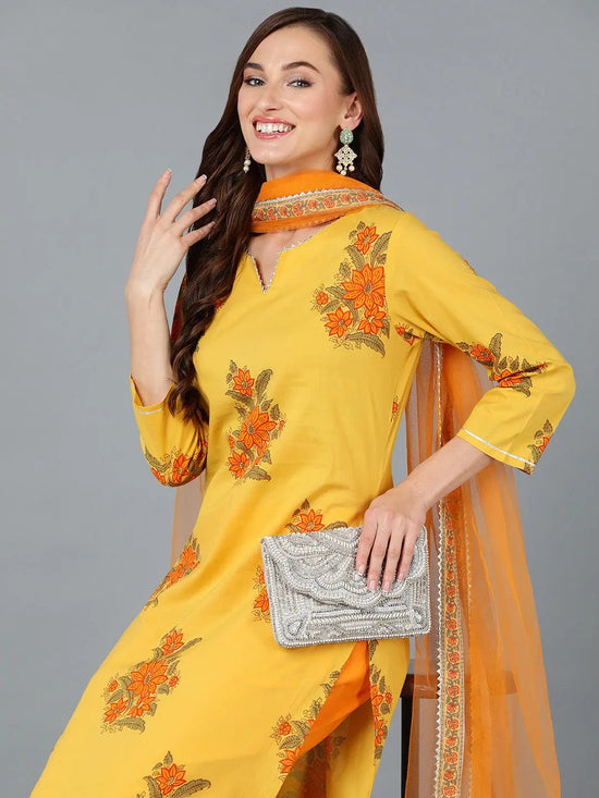 Mustard Orange Cotton Blend Floral Printed Straight