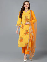 Mustard Orange Cotton Blend Floral Printed Straight