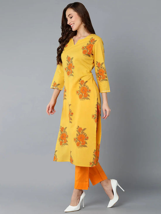 Mustard Orange Cotton Blend Floral Printed Straight