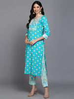 Cotton Blue Bandhani Printed Straight Kurta Pant