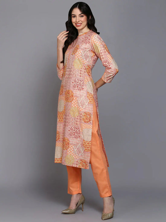 Cotton Peach Printed Straight Kurta Pant With-VKSKD1860_XS