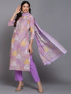 Cotton Lavender Printed Straight Kurta Pant With-VKSKD1853_XS