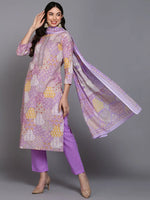 Cotton Lavender Printed Straight Kurta Pant With-VKSKD1853_XS