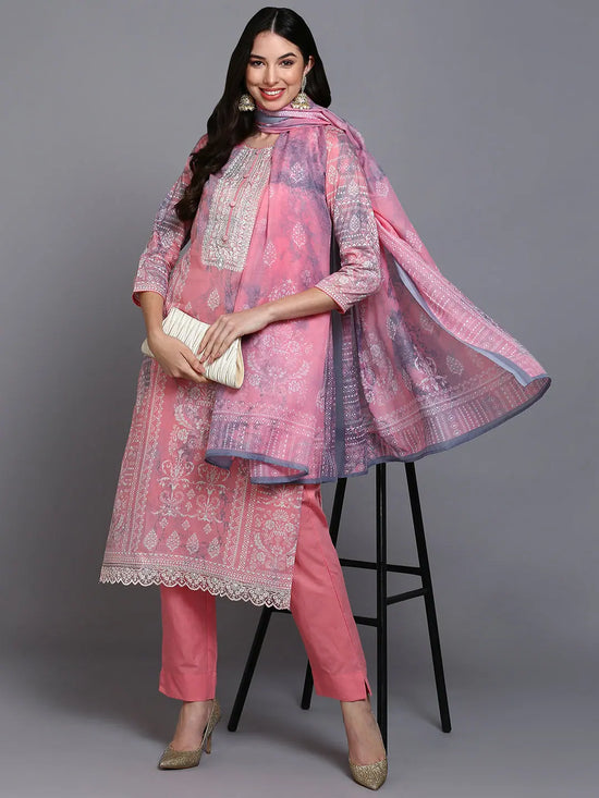 Cotton Peach Printed Straight Kurta Pant With-VKSKD1914_XS