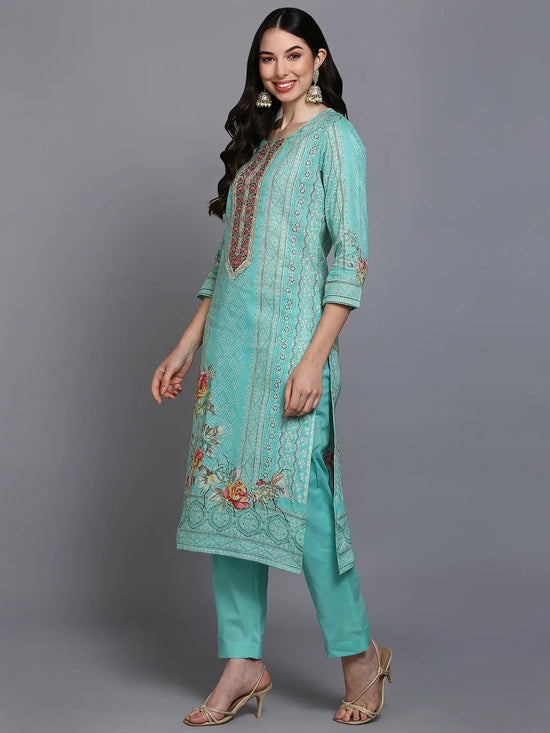 Cotton Green Embroidered Straight Kurta Pant With-VKSKD1946_XS