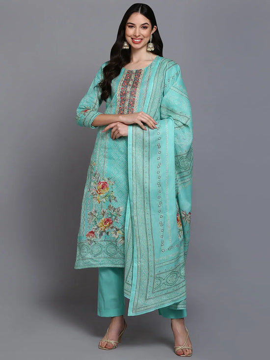 Cotton Green Embroidered Straight Kurta Pant With-VKSKD1946_XS