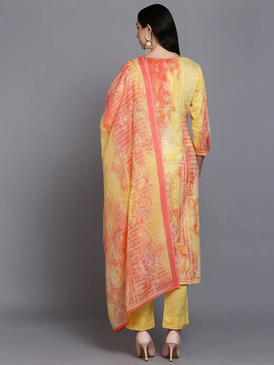 Cotton Yellow Printed Straight Kurta Pant With-VKSKD1916_XS