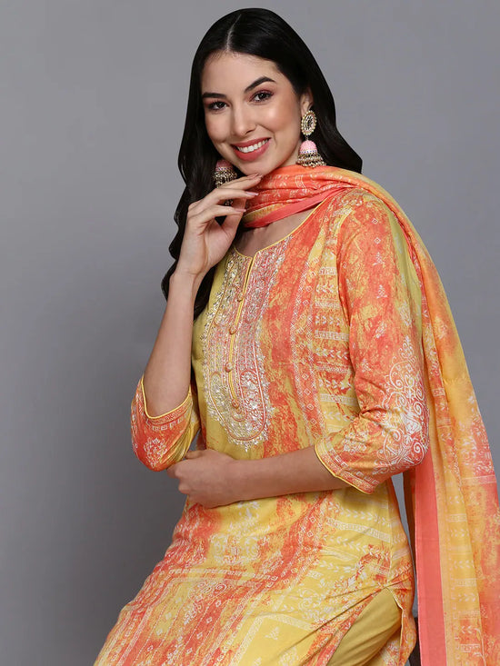 Cotton Yellow Printed Straight Kurta Pant With-VKSKD1916_XS