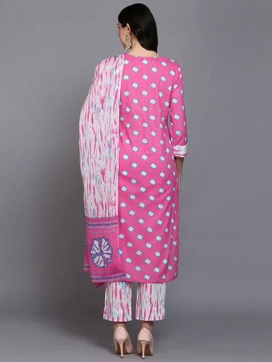 Cotton Pink Bandhani Printed Straight Kurta Pant-VKSKD1927_XS