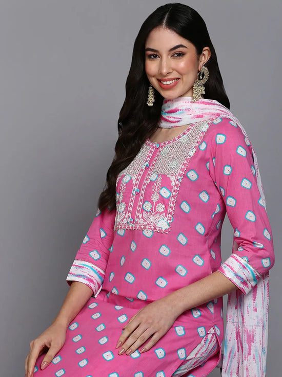 Cotton Pink Bandhani Printed Straight Kurta Pant-VKSKD1927_XS