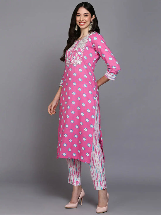 Cotton Pink Bandhani Printed Straight Kurta Pant-VKSKD1927_XS