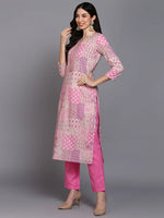 Cotton Pink Printed Straight Kurta Pant With-VKSKD1856_XS