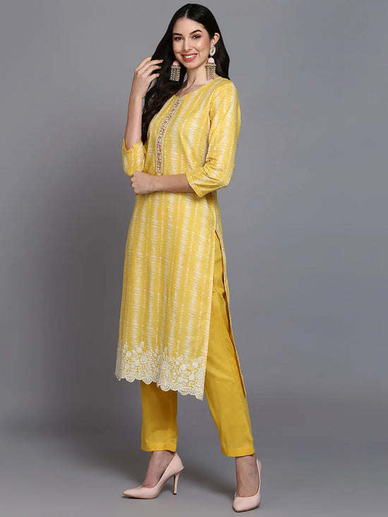 Cotton Yellow Printed Straight Kurta Pant With-VKSKD1911_XS