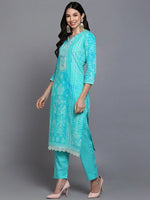 Cotton Turquoise Blue Straight Kurta Pant With