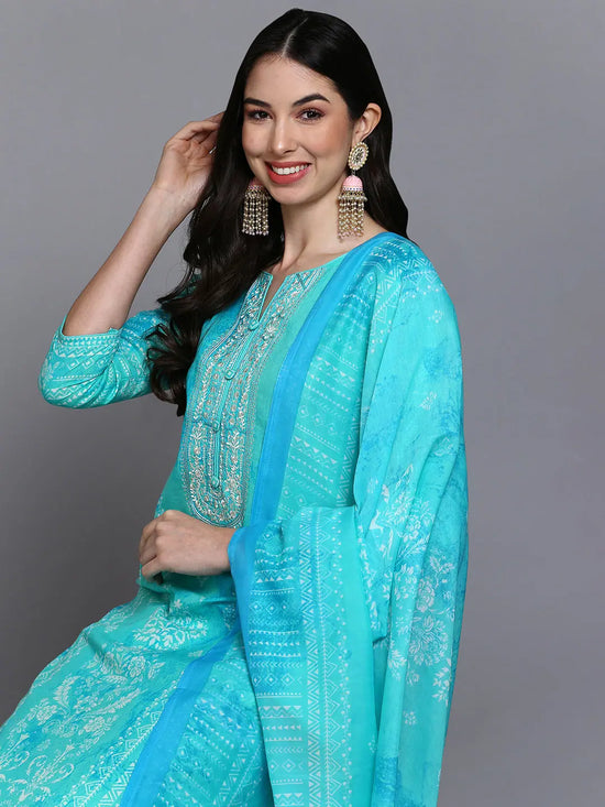 Cotton Turquoise Blue Straight Kurta Pant With