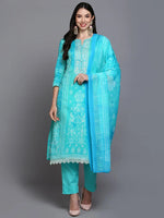 Cotton Turquoise Blue Straight Kurta Pant With