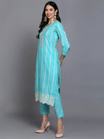 Cotton Turquoise Blue Printed Straight Kurta Pant