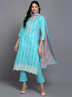 Cotton Turquoise Blue Printed Straight Kurta Pant