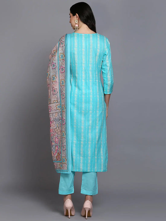 Cotton Turquoise Blue Printed Straight Kurta Pant